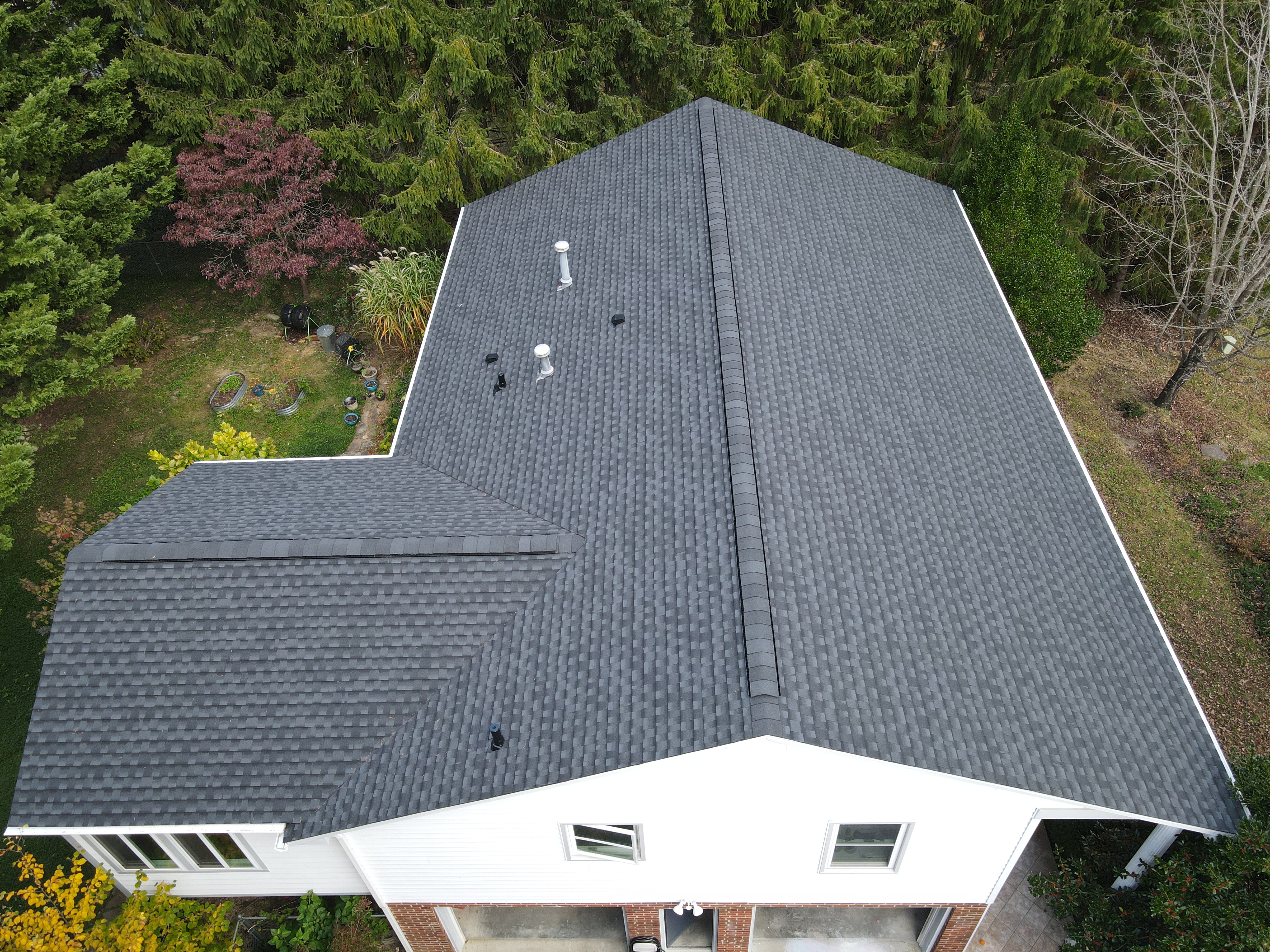 Aerial view of completed roofing project